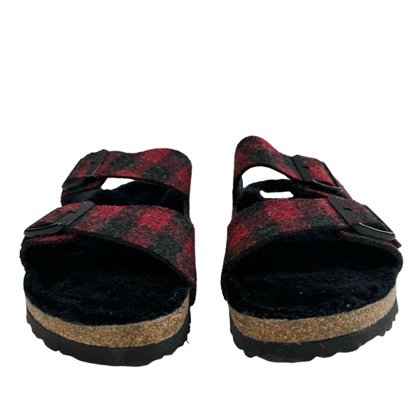 Birkenstock Arizona Shearling Red/Black Buffalo Plaid Slide Sandal Size L10/ M8 - Picture 8 of 16